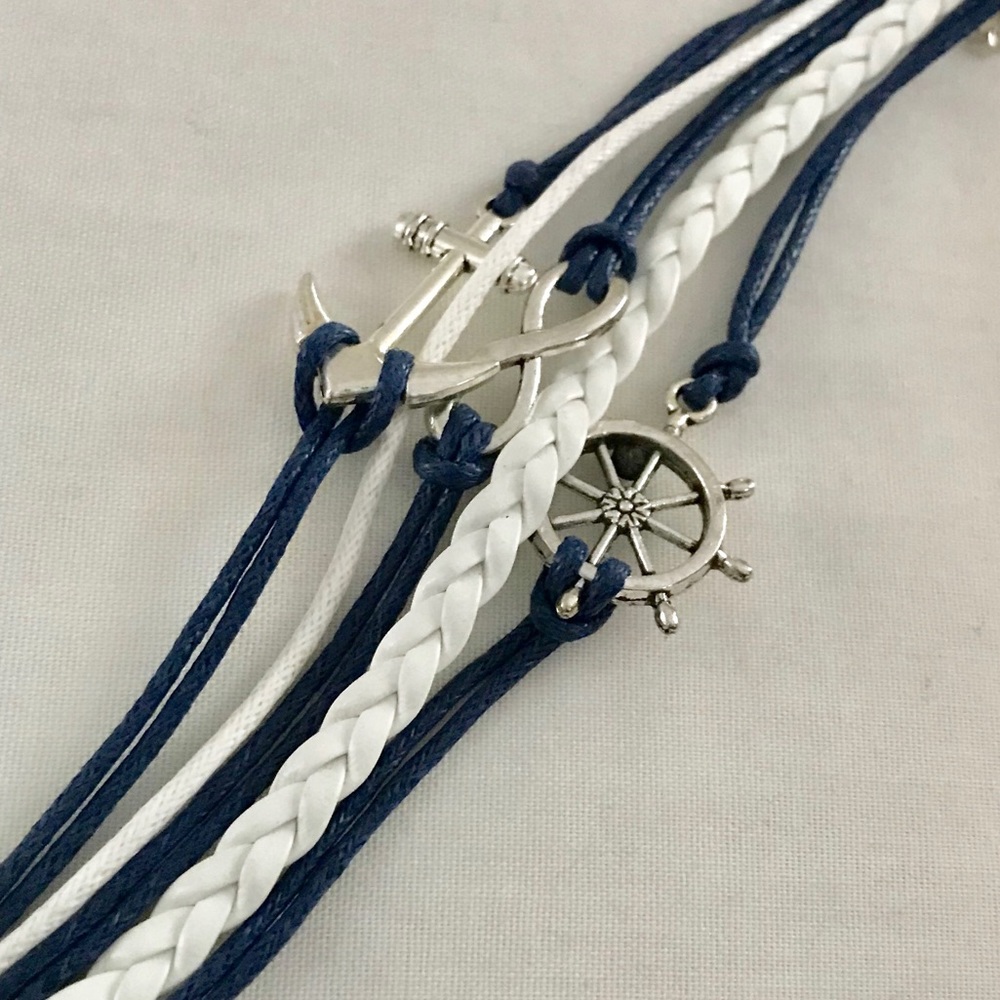 White and blue leather anchor/sailor bracelet
